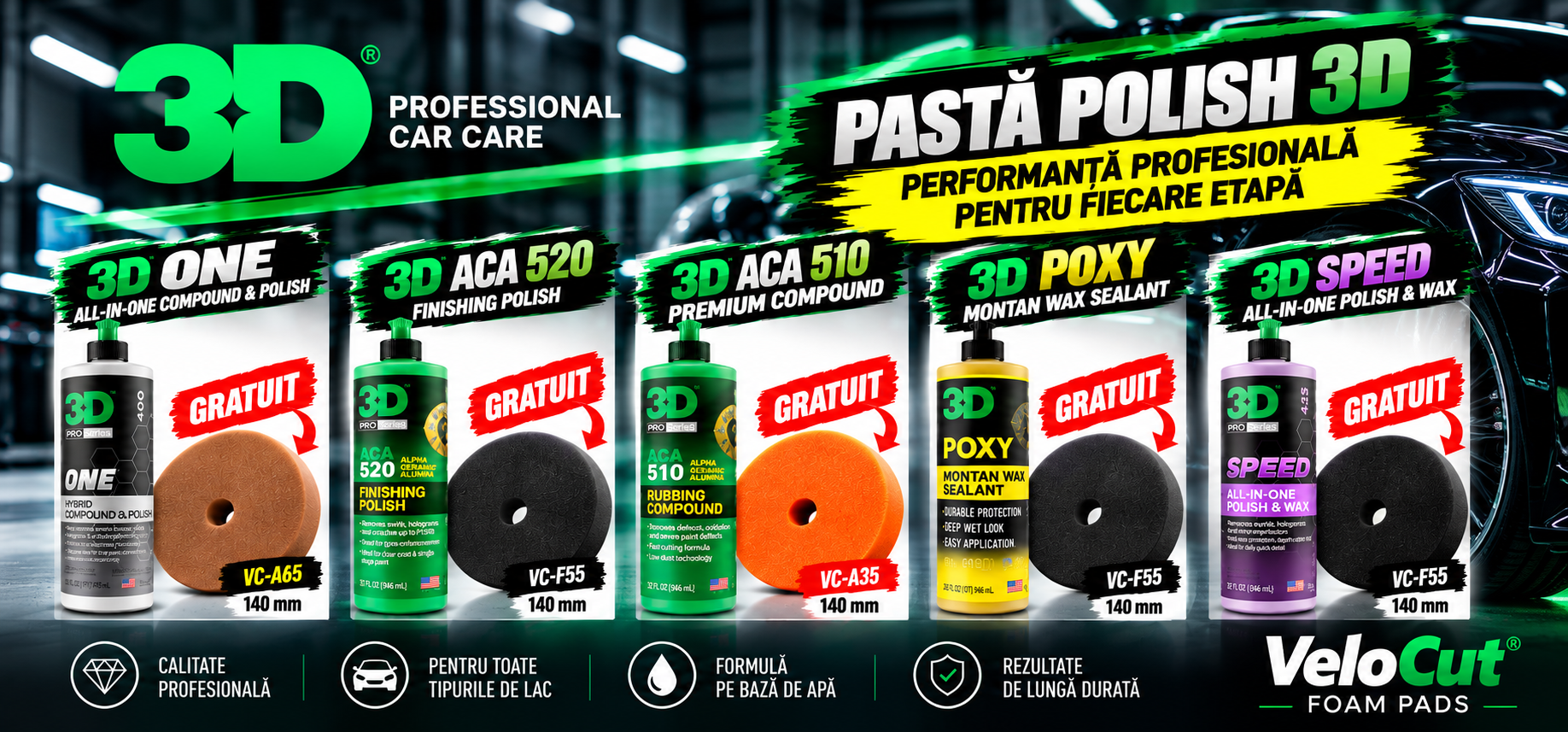 Pachete promoționale 3D Car Care ONE, ACA 520, ACA 510, POXY și SPEED cu bureți de polish VeloCut GRATUIT – 3dproducts.ro
