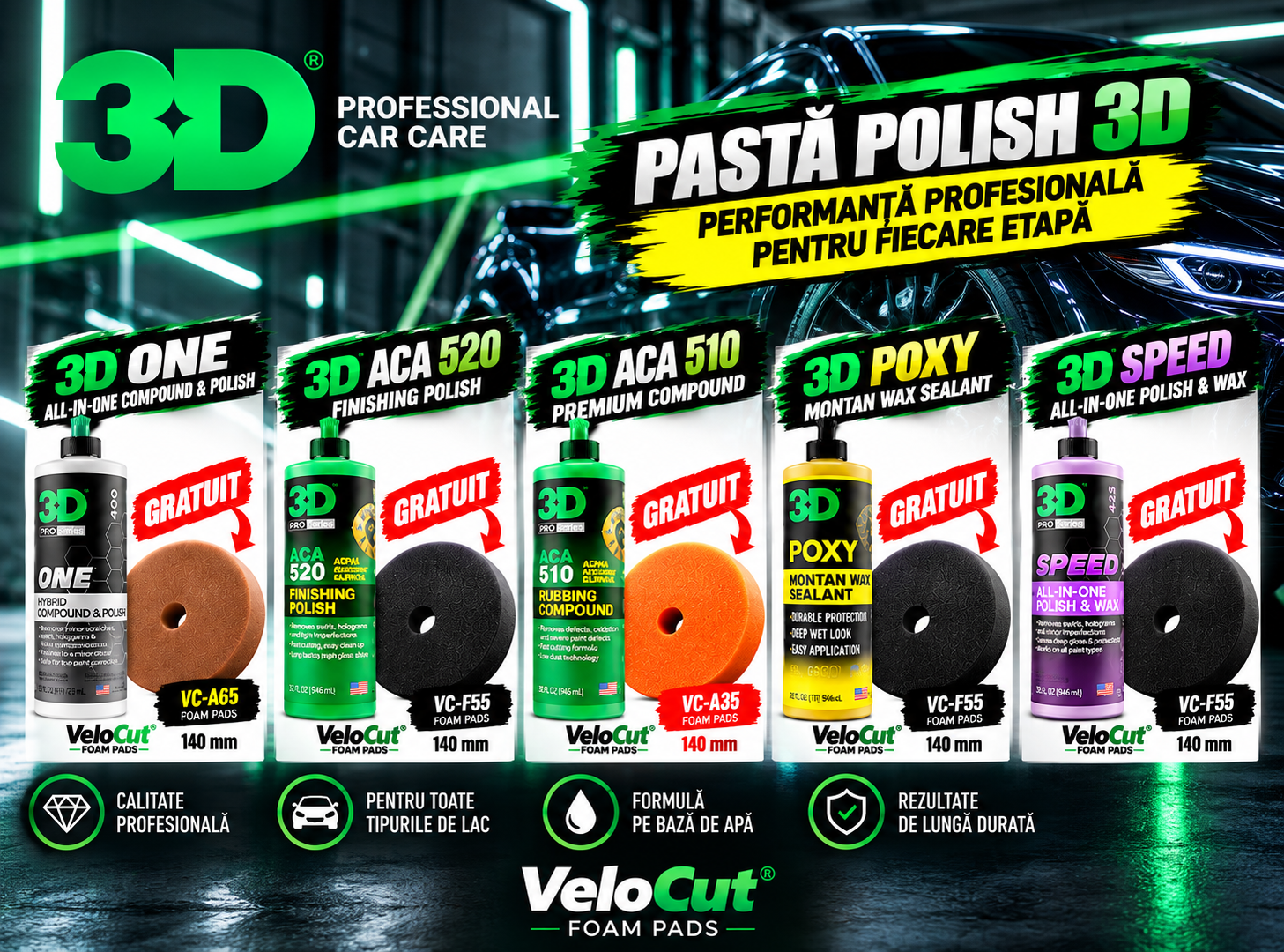 Pachete promoționale 3D Car Care ONE, ACA 520, ACA 510, POXY și SPEED cu bureți de polish VeloCut GRATUIT – 3dproducts.ro