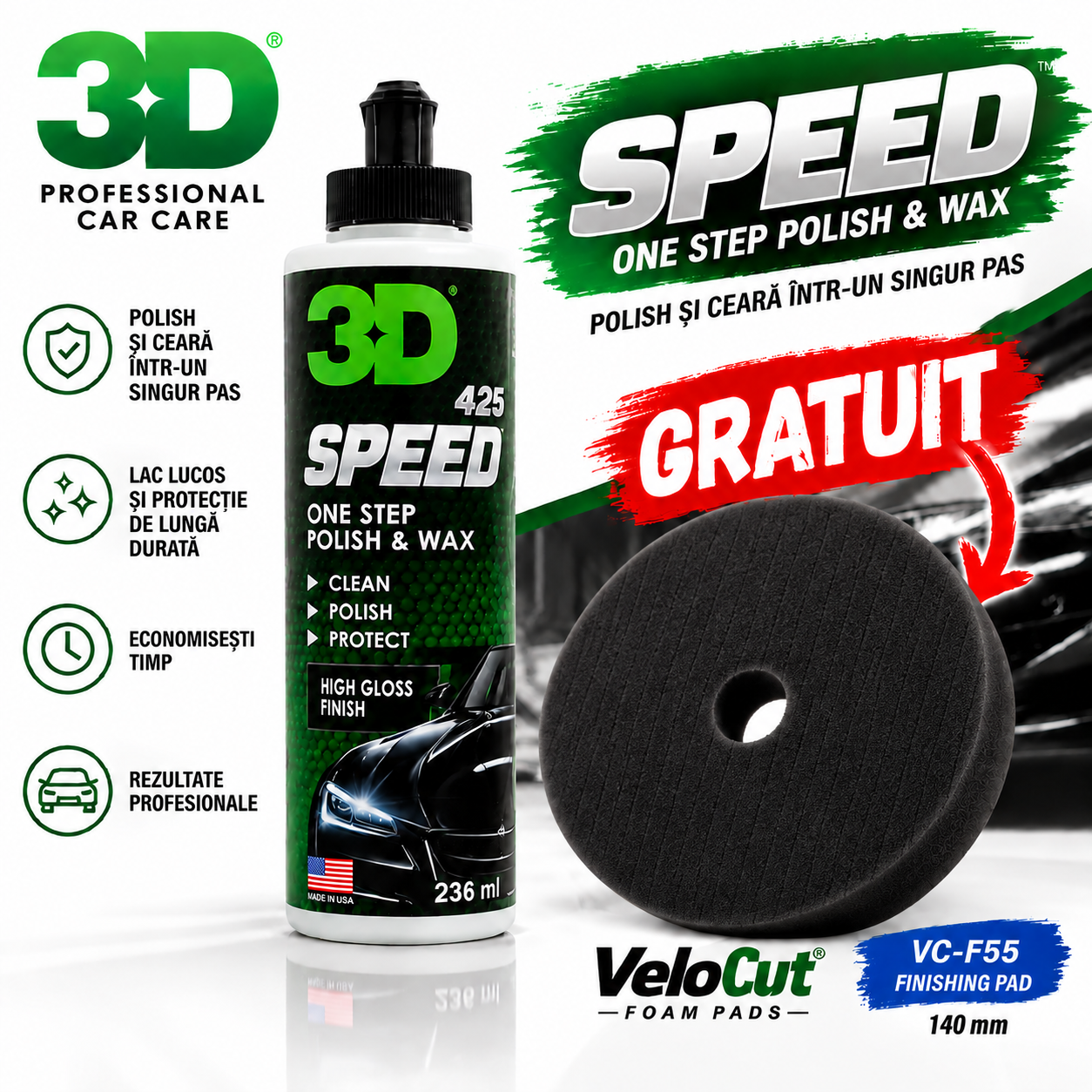 Pachet Promo 3D SPEED 946 ml – Pastă Polish cu Ceară + Burete VeloCut Finishing 140 mm GRATUIT